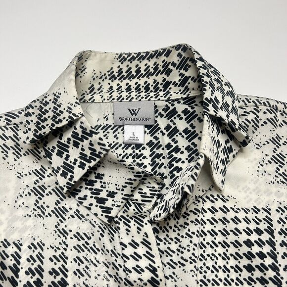 Worthington Women’s L Career button Up Pleated Collar Geometric multi Cream - Picture 7 of 12